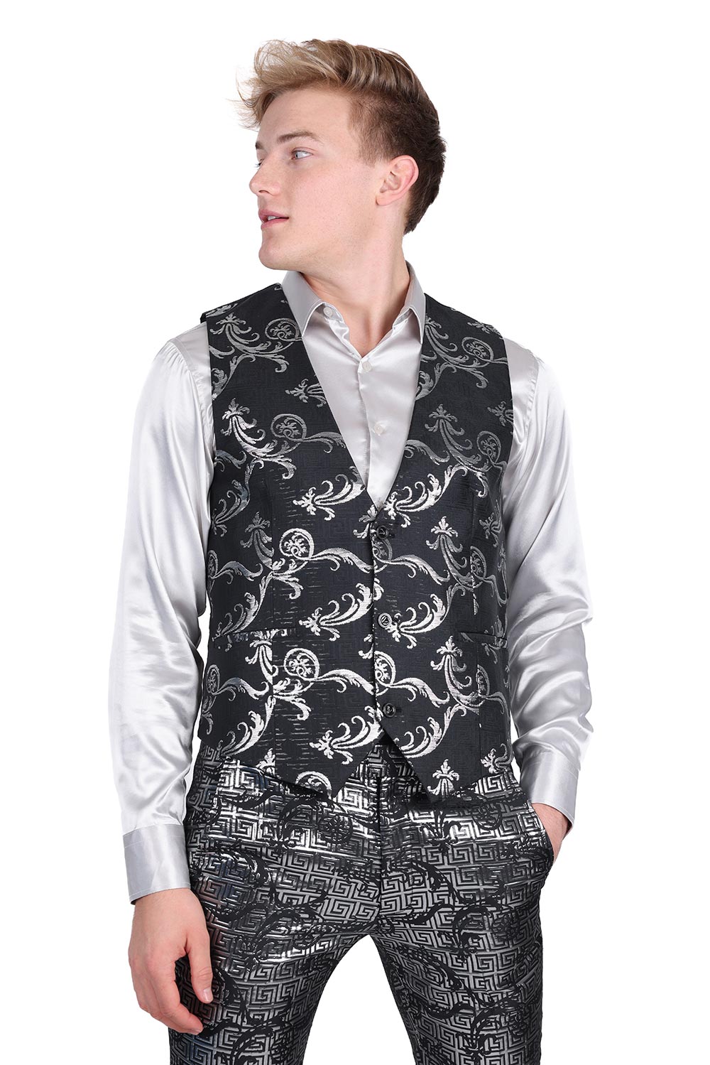 Barabas Men's Greek Key Pattern Floral Print Luxury Dress Vest 2VP3102 Black Silver
