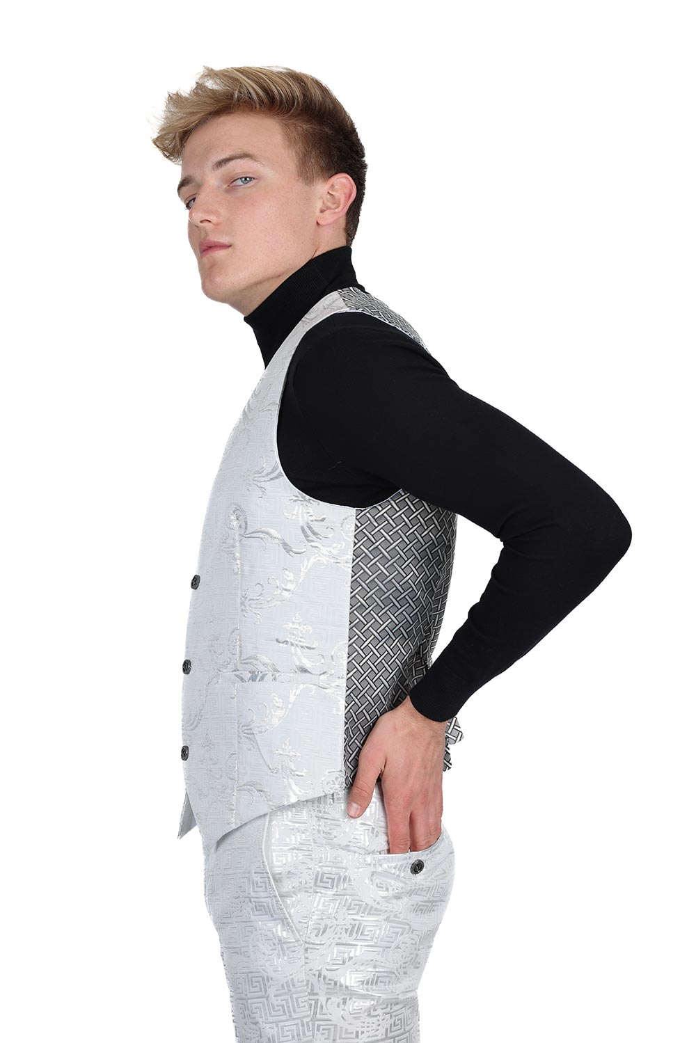 Barabas Men's Greek Key Pattern Floral Print Luxury Dress Vest 2VP3102 White Silver