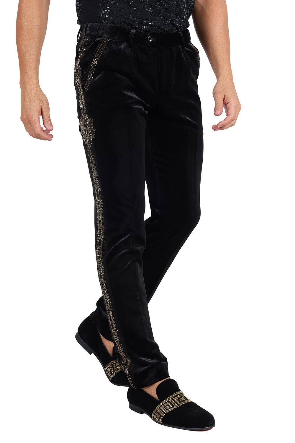 Barabas Men's Medusa Greek key Print Rhinestones Velvet Pants 2CPV10 Black Gold