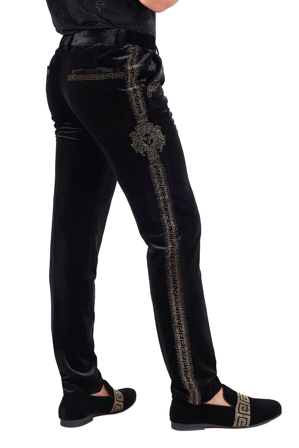 Barabas Men's Medusa Greek key Print Rhinestones Velvet Pants 2CPV10 Black and Gold