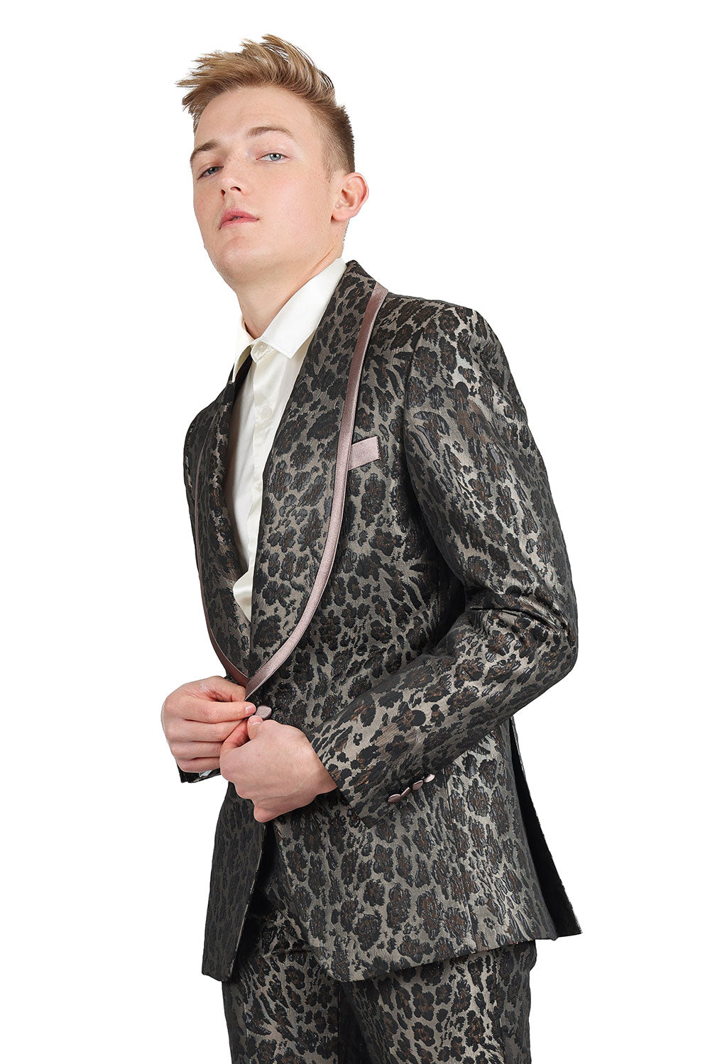 BARABAS Men's Metallic Leopard Animal Printed Shawl Lapel Blazer 3BL01 Chocolate