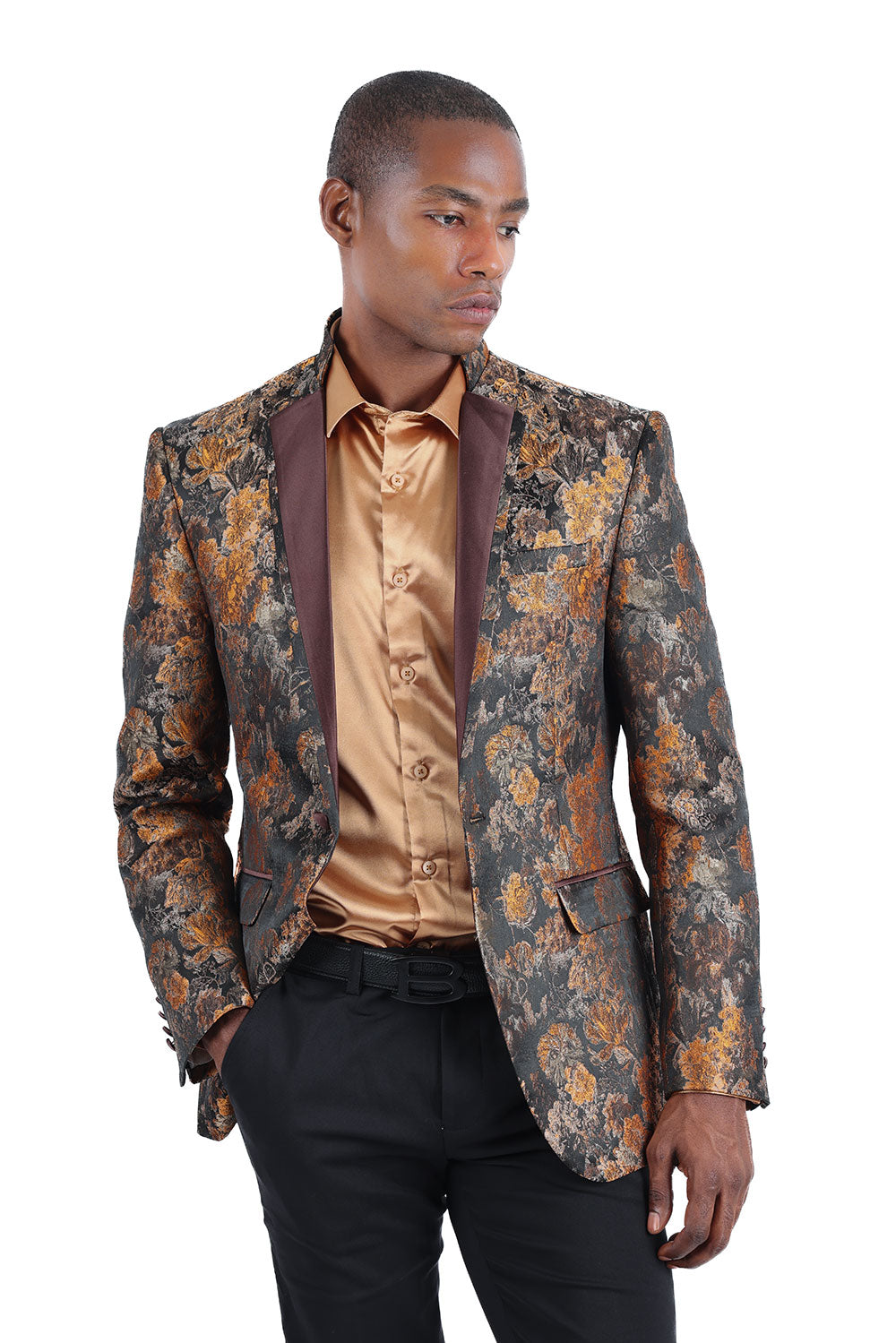 Barabas Men's Floral Decorative Luxury Premium Blazer 3BL07 Coffee