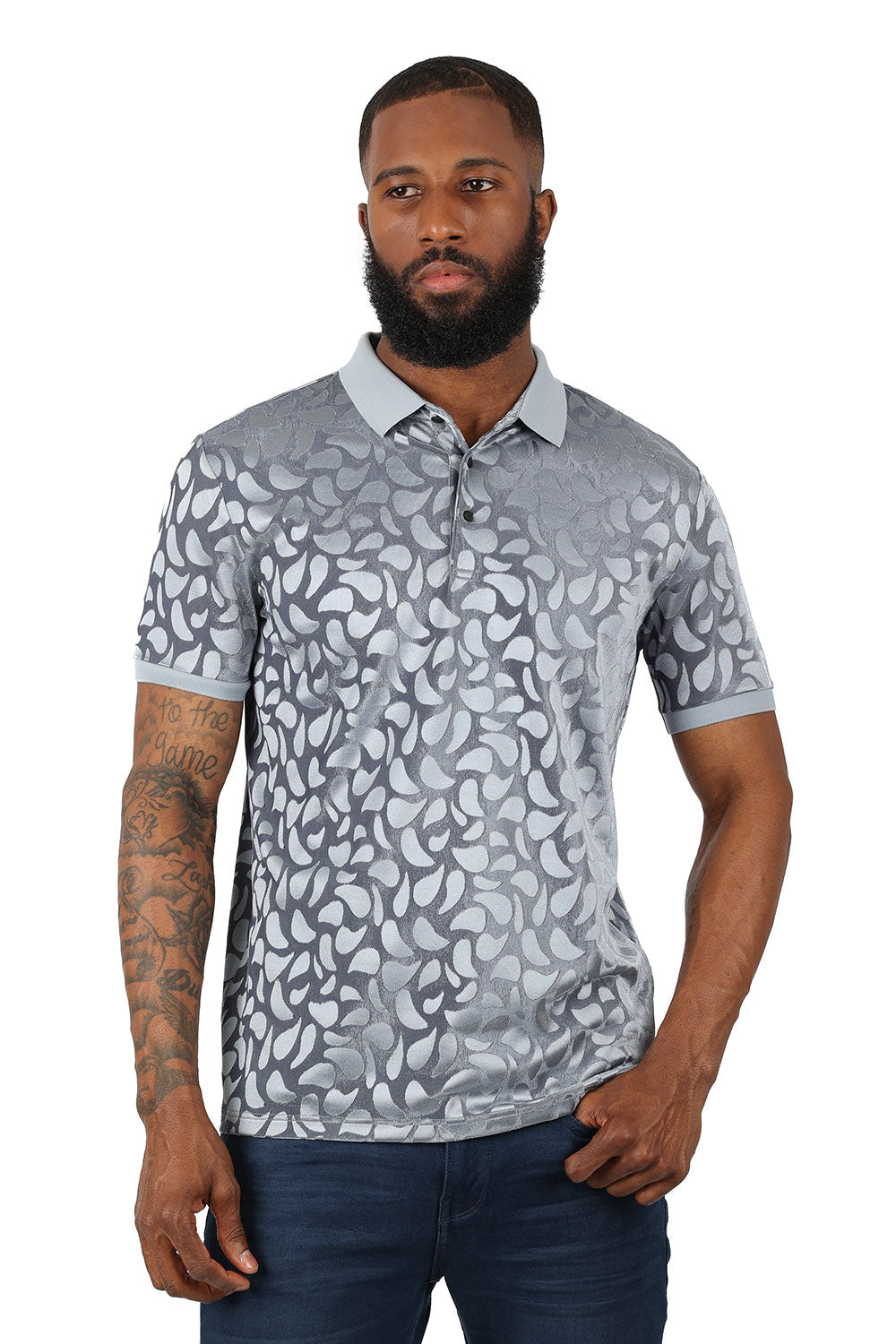 Barabas Men's Petal Floral Short Sleeve Polo Shirt 3PP834 Silver