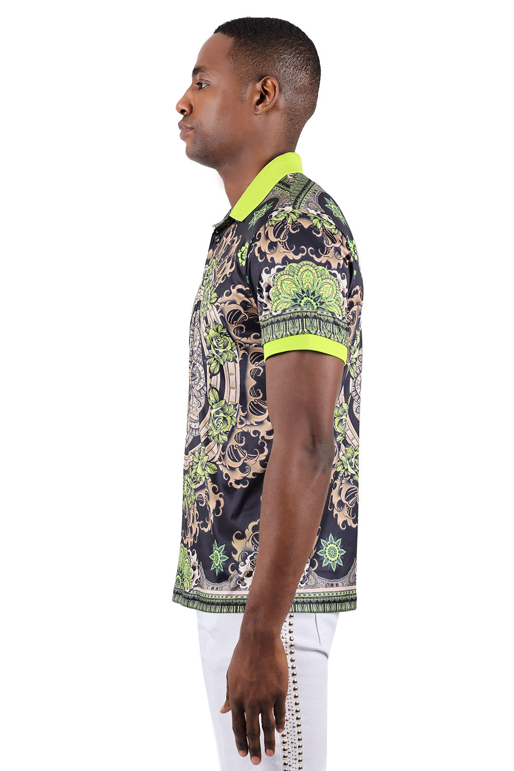 Barabas Men's Floral Circular Prints Graphic Tee Polo Shirts 3PSP13 Lime