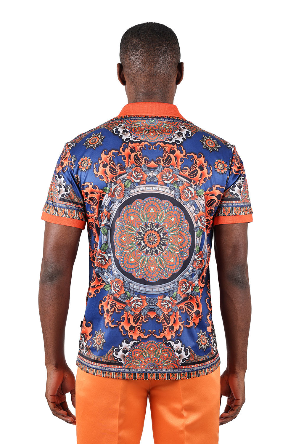 Barabas Men's Floral Circular Prints Graphic Tee Polo Shirts 3PSP13 Orange Navy