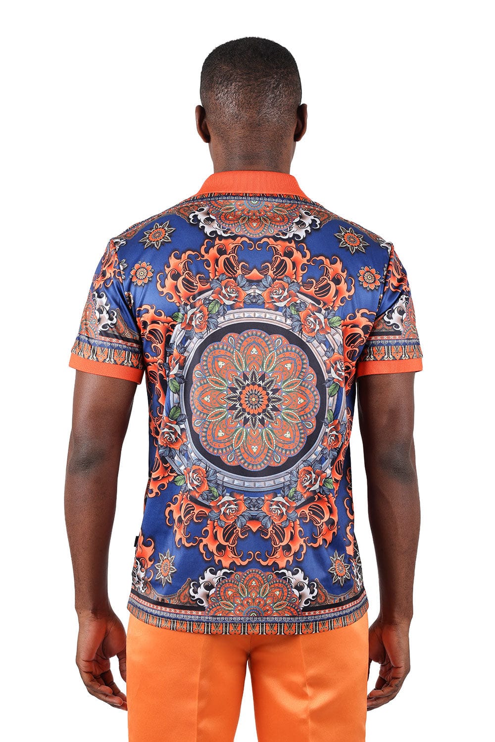 Barabas Men's Floral Circular Prints Graphic Tee Polo Shirts 3PSP13 Orange Navy