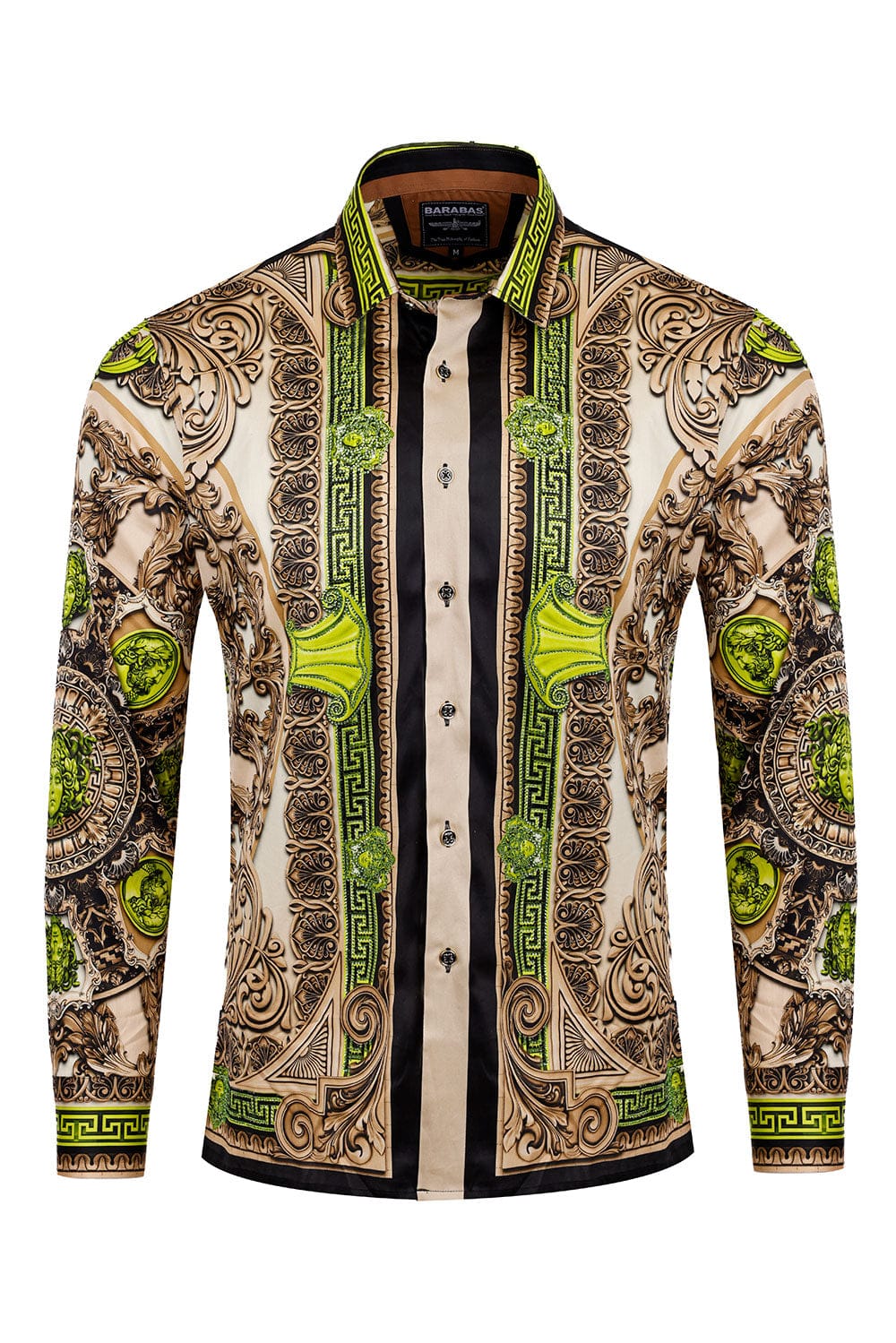BARABAS Men's Rhinestone Medusa Floral Long Sleeve Shirts 3SPR416 #Color_Khaki