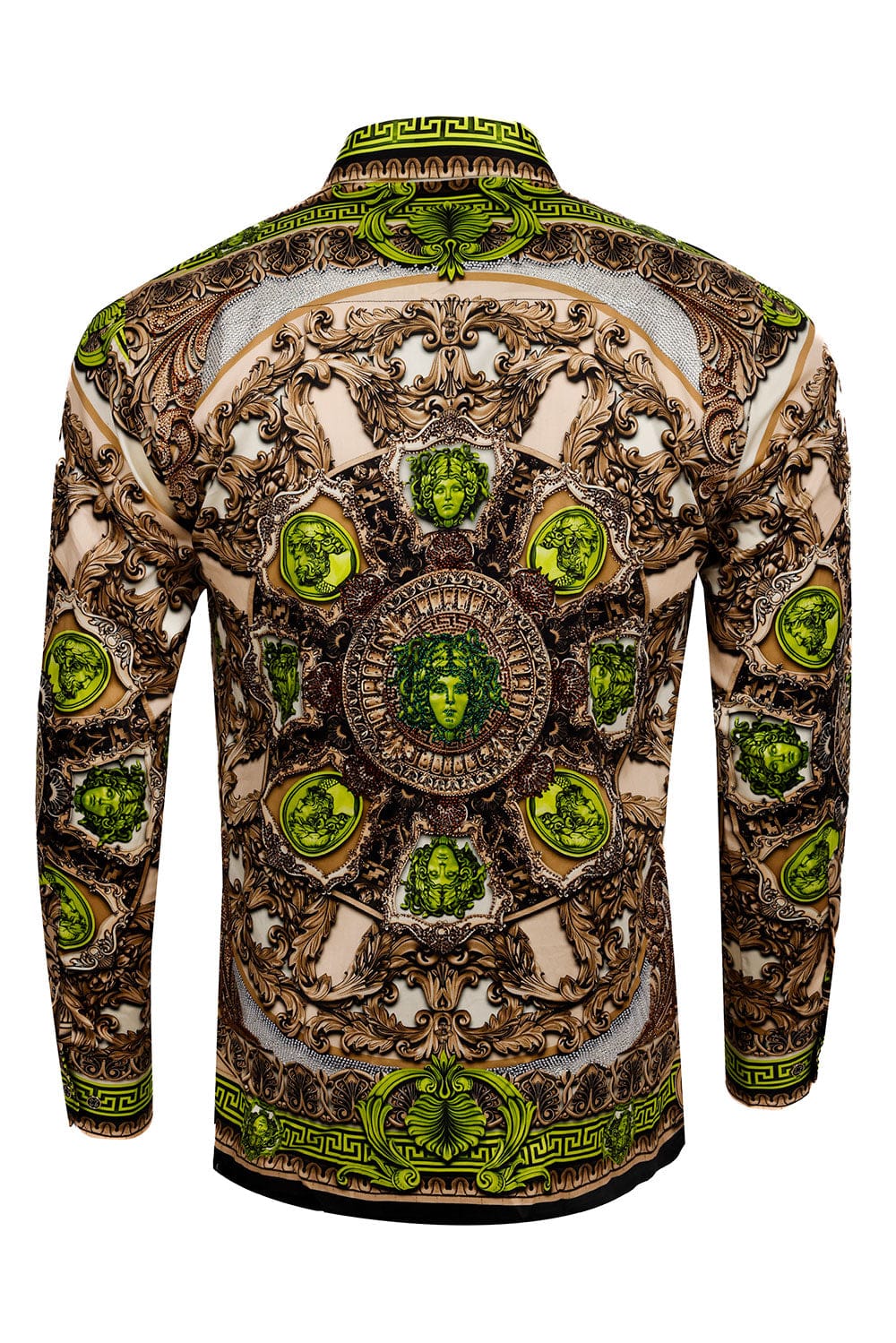 BARABAS Men's Rhinestone Medusa Floral Long Sleeve Shirts 3SPR416 #Color_Khaki