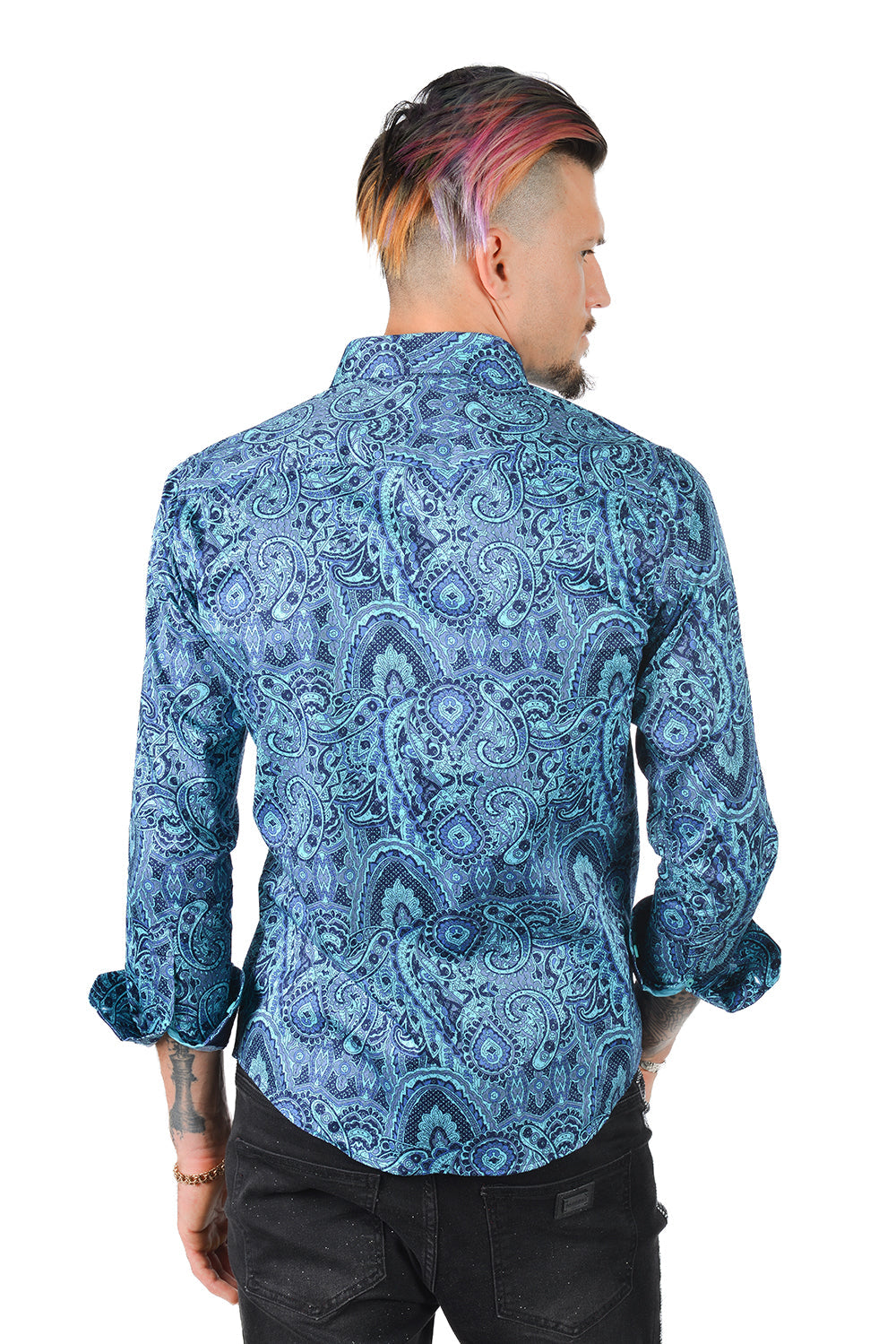 BARABAS men's printed paisley blue green button down dress Shirt 4501 Green