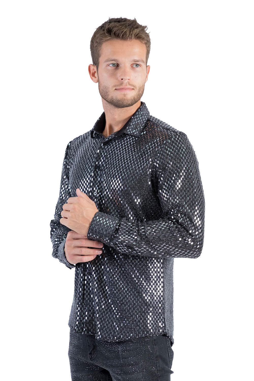 BARABAS Men's Shiny Sparkly Geometric Design Button Down Shirt B300 Balck