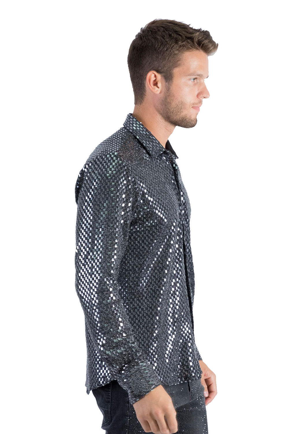 BARABAS Men's Shiny Sparkly Geometric Design Button Down Shirt B300