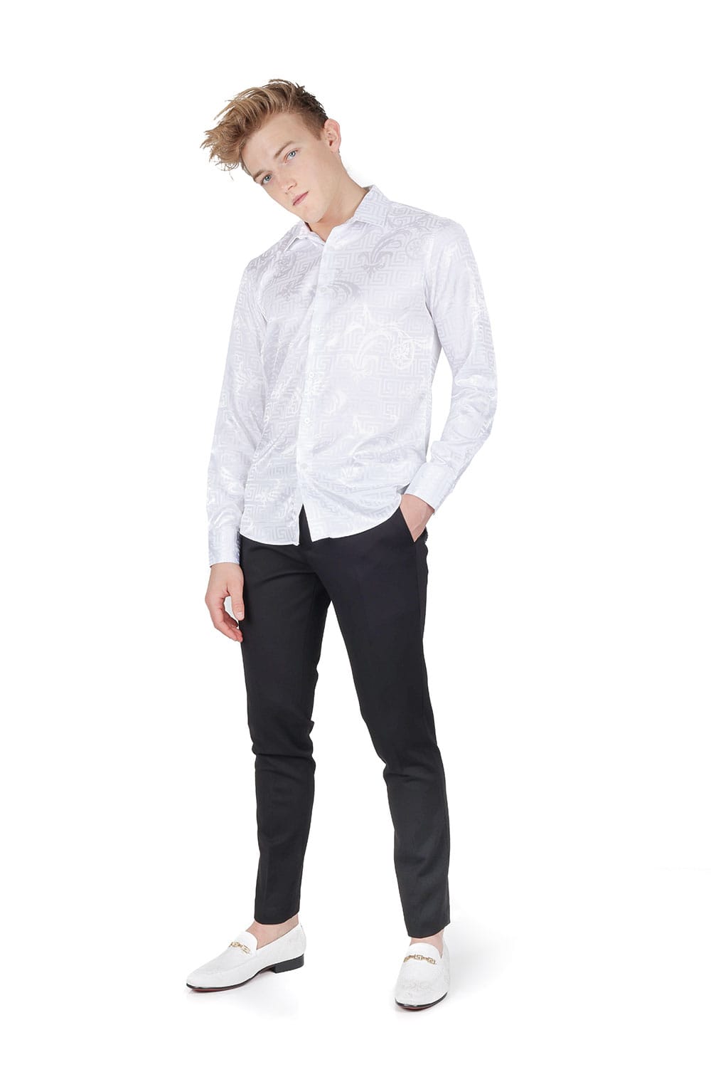 BARABAS Men's Greek Key Baroque Long Sleeve Button Down Shirt B313 #Color_White