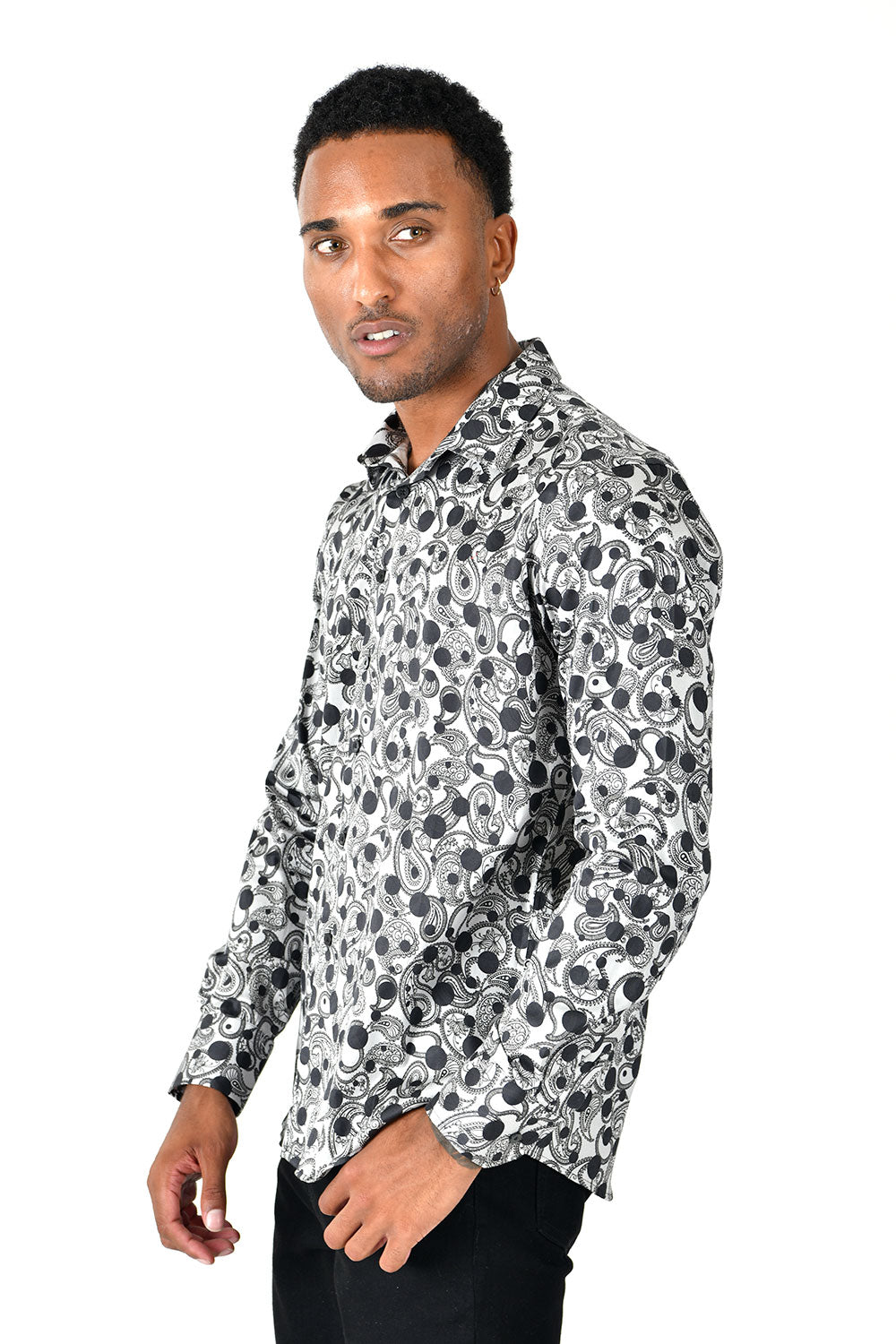 BARABAS Men's Floral Paisley Polka Dotted Printed Shirts B339 Silver and Black