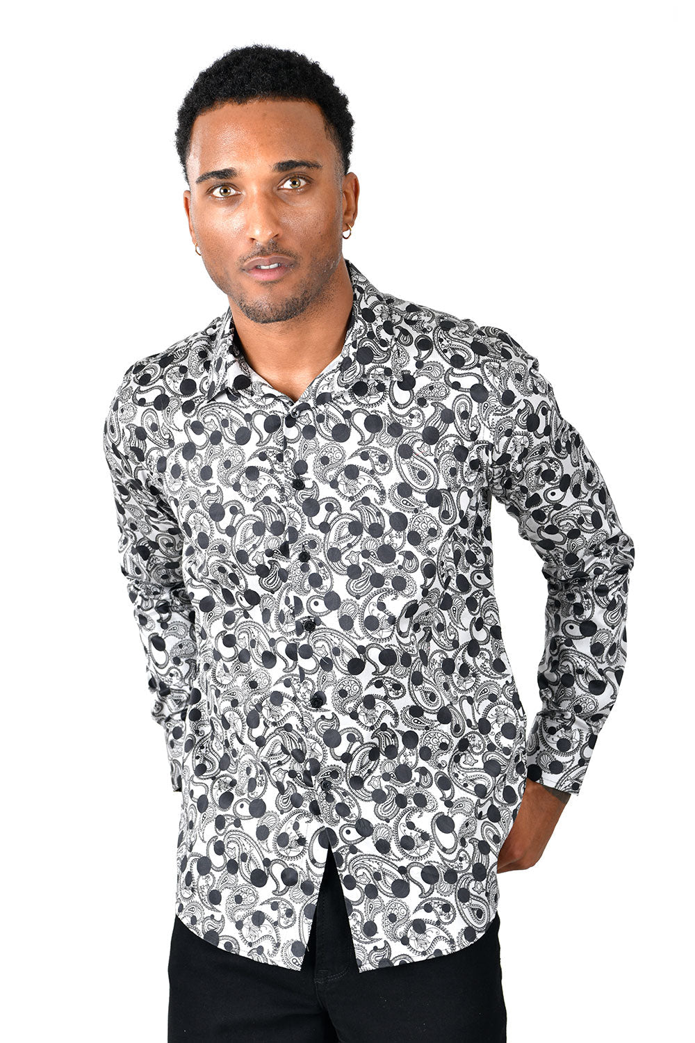 BARABAS Men's Floral Paisley Polka Dotted Printed Shirts B339 Silver and Black