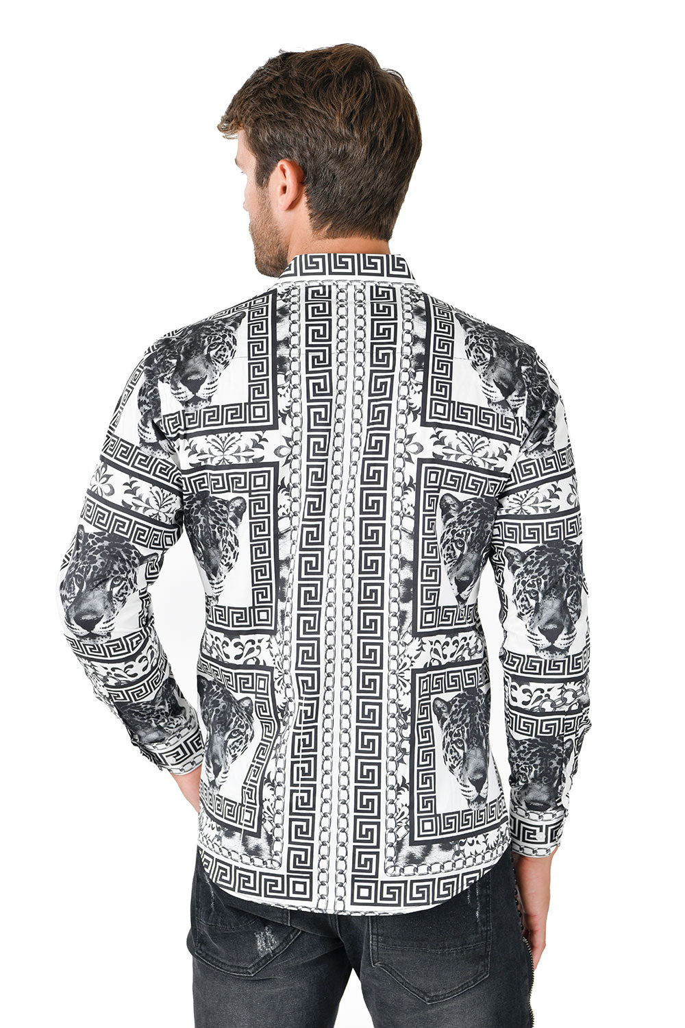 BARABAS Men's Wild Greek Pattern Button Down Long Sleeve Shirts B352 White