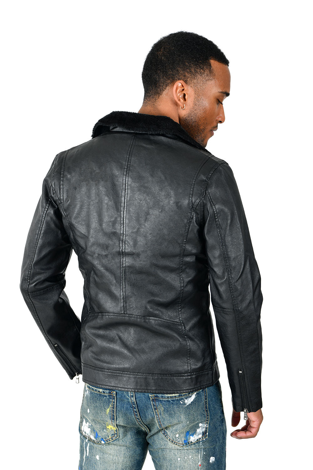 BARABAS Men's Faux Leather Fur Collar Bomber Jacket Bh68 Black