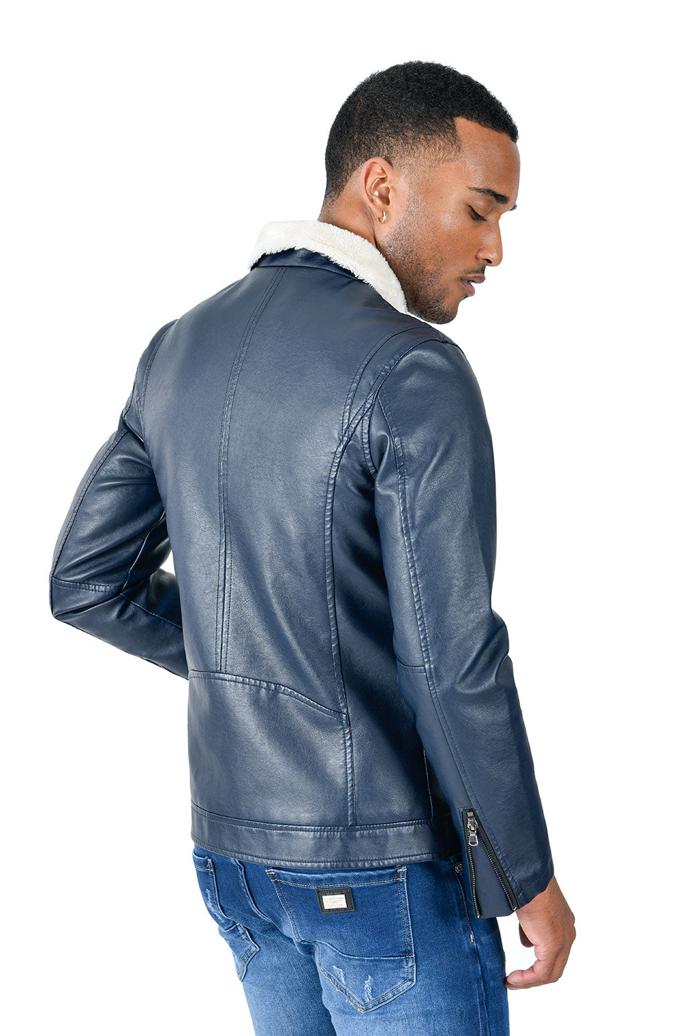 BARABAS Men's Faux Leather Fur Collar Bomber Jacket Bh68 Navy White