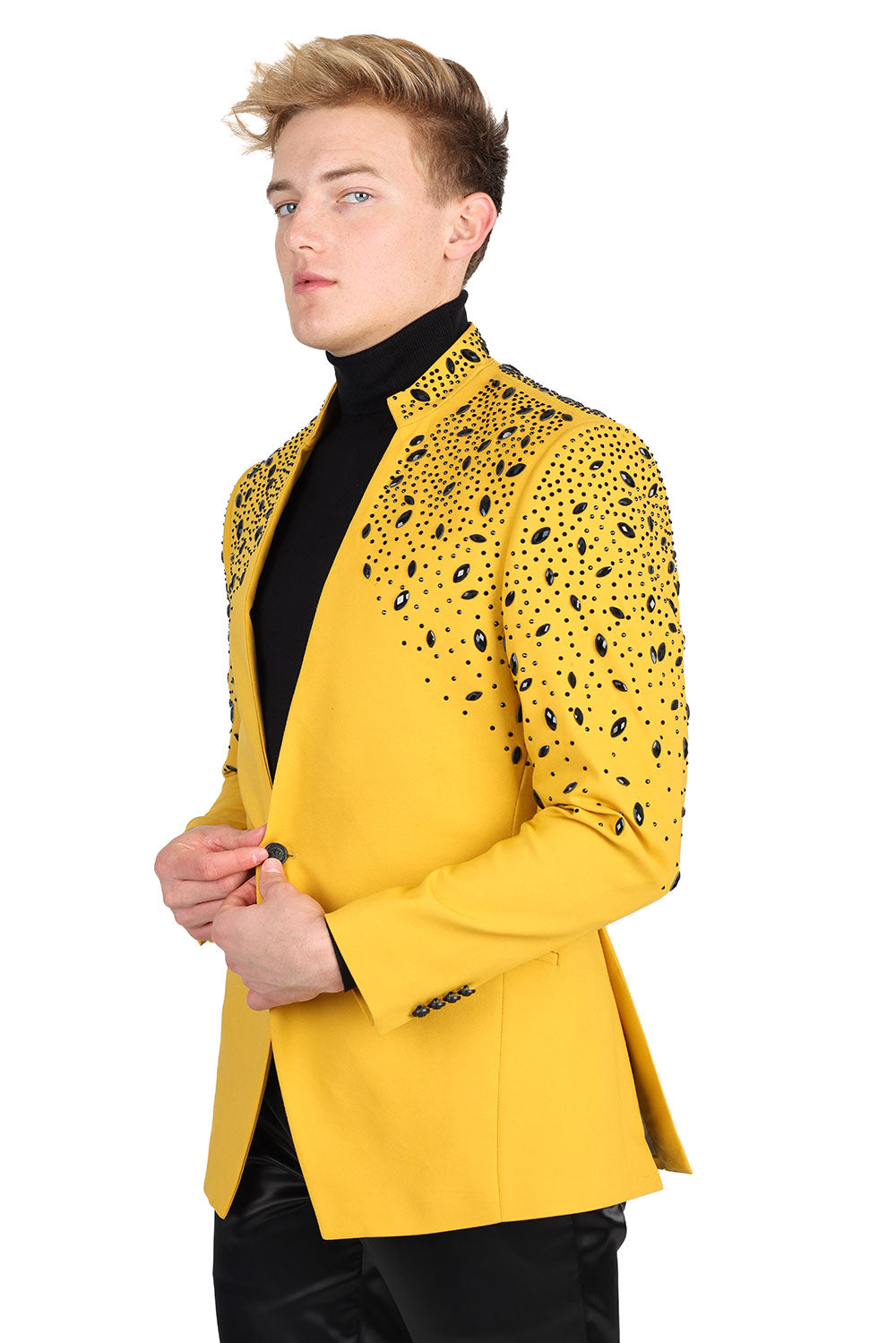 BARABAS Men's Luxury Rhinestone Lapel Collar Designer Blazer BL3080 Mustard Black
