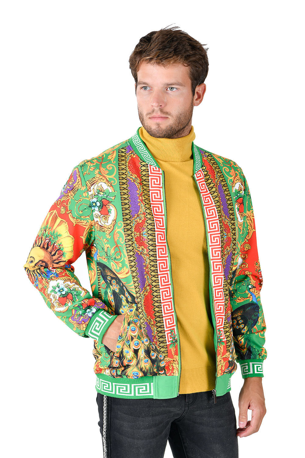 BARABAS Men's Sun Floral Print Greek key pattern Bomber Jacket BP20 Lime