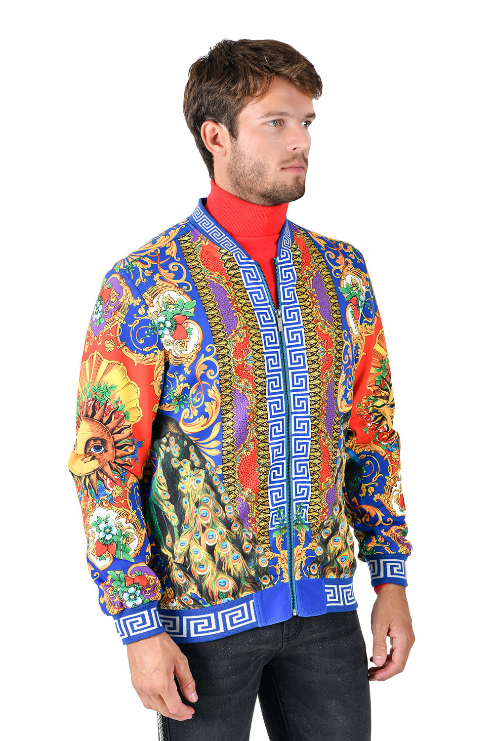 BARABAS Men's Sun Floral Print Greek key pattern Bomber Jacket BP20 Royal