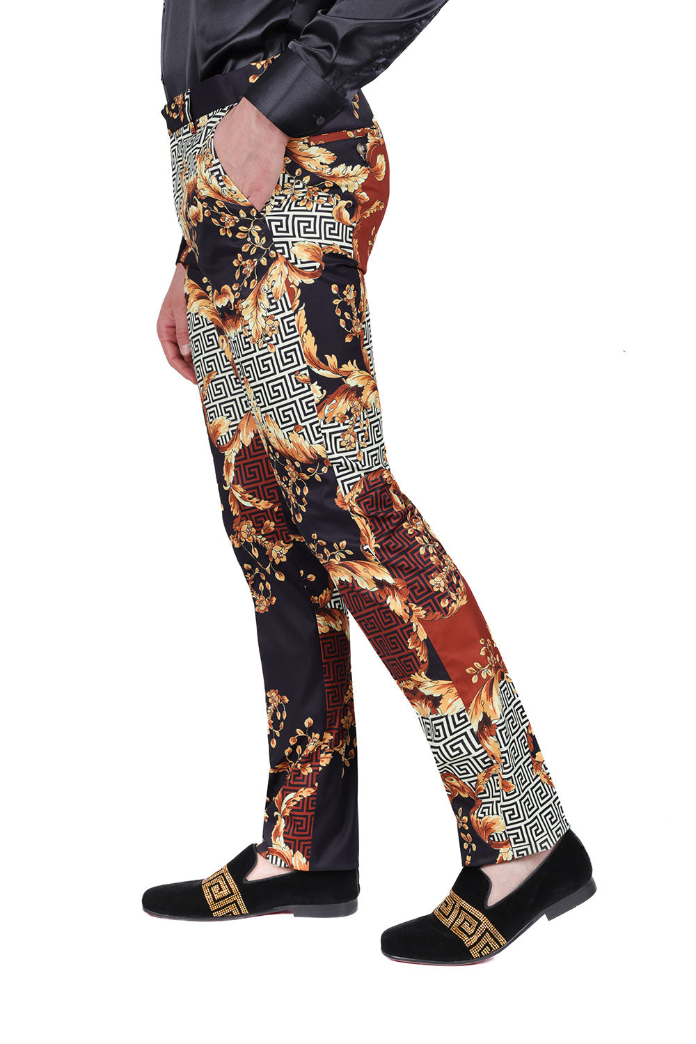Barabas Men's Baroque Greek Print Floral Design Chino Pants CP169 Saddle