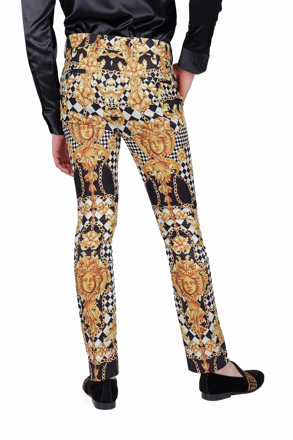 BARABAS Men's Printed Gold Chain Checkered Medusa Floral Pants CP178 Black Gold