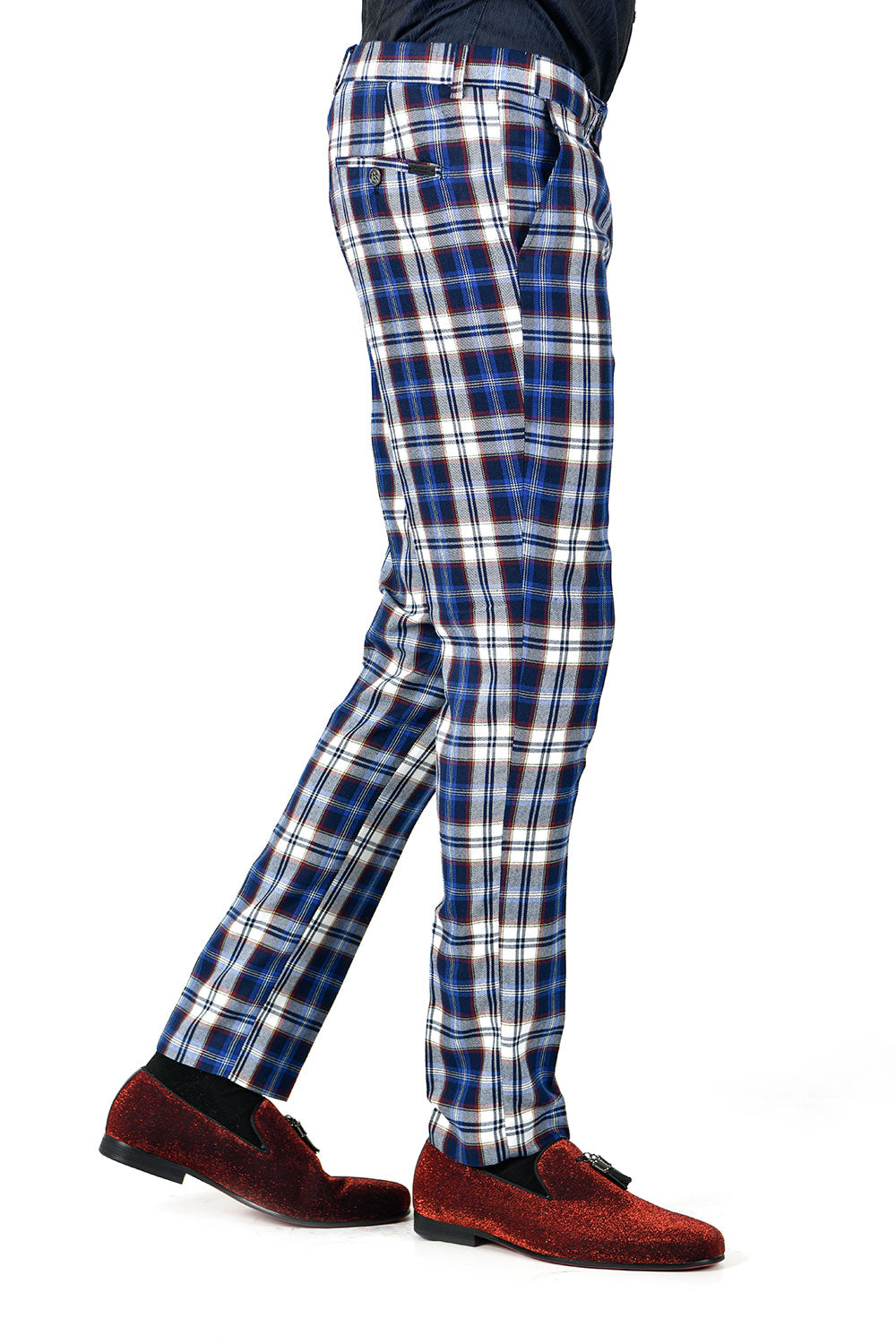 BARABAS men's checkered plaid blue white chino pants CP46