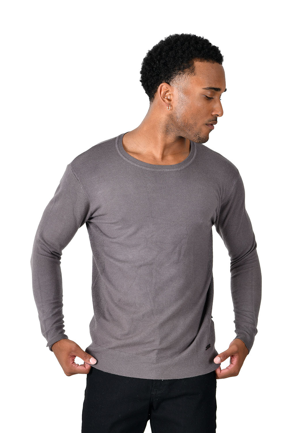 BARABAS Men's Crew Neck Ribbed Solid Color Basic Sweater LS2101 Grey