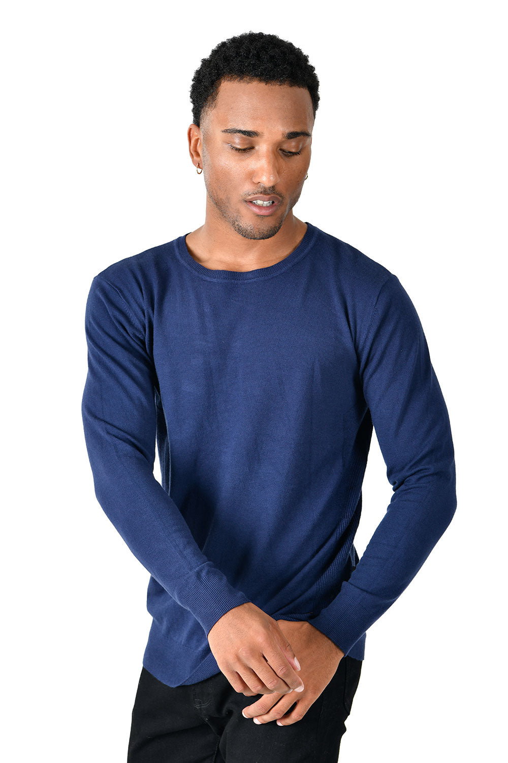 BARABAS Men's Crew Neck Ribbed Solid Color Basic Sweater LS2101 Navy