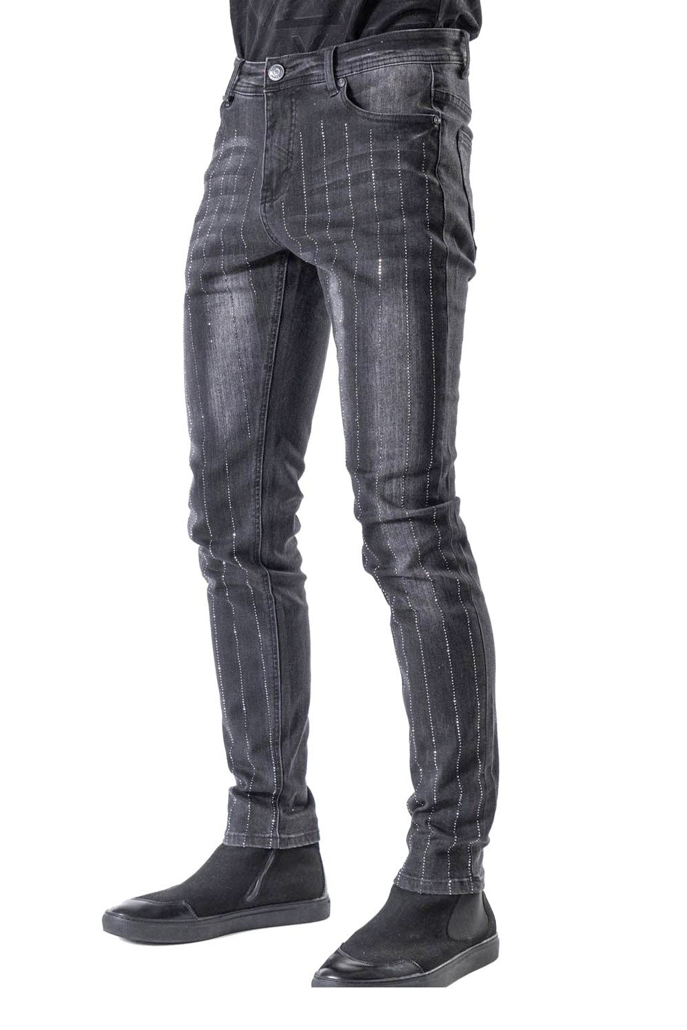 BARABAS Men's Rhinestone Stretchy Slim Fit Black Denim Jeans SN8887