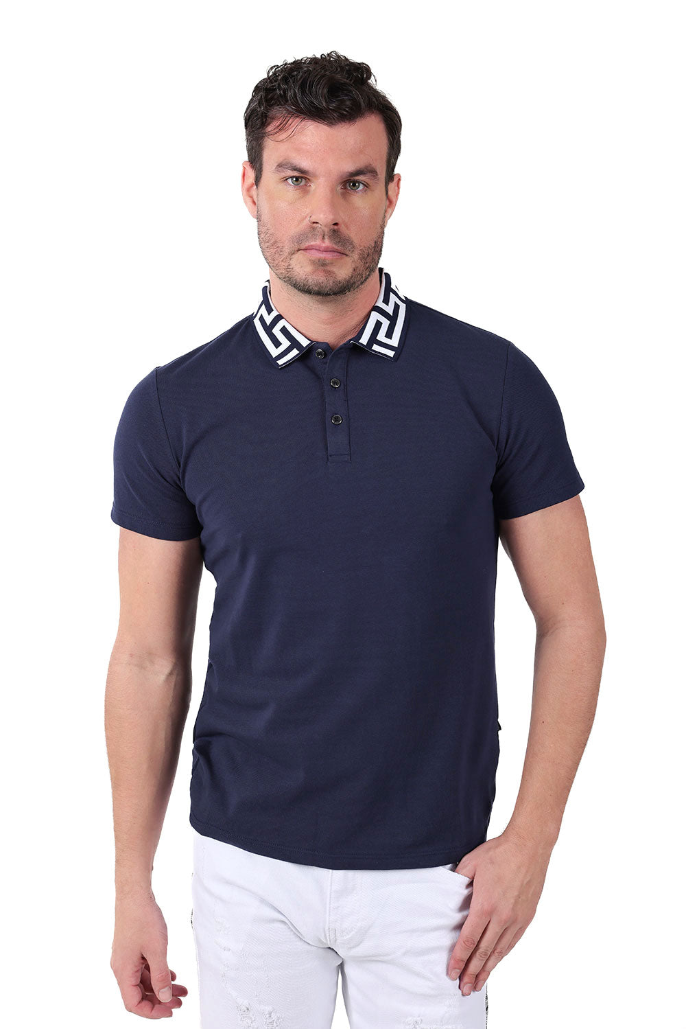 Barabas Men's Greek Key Printed Pattern Short Sleeve Shirts PS121 Navy