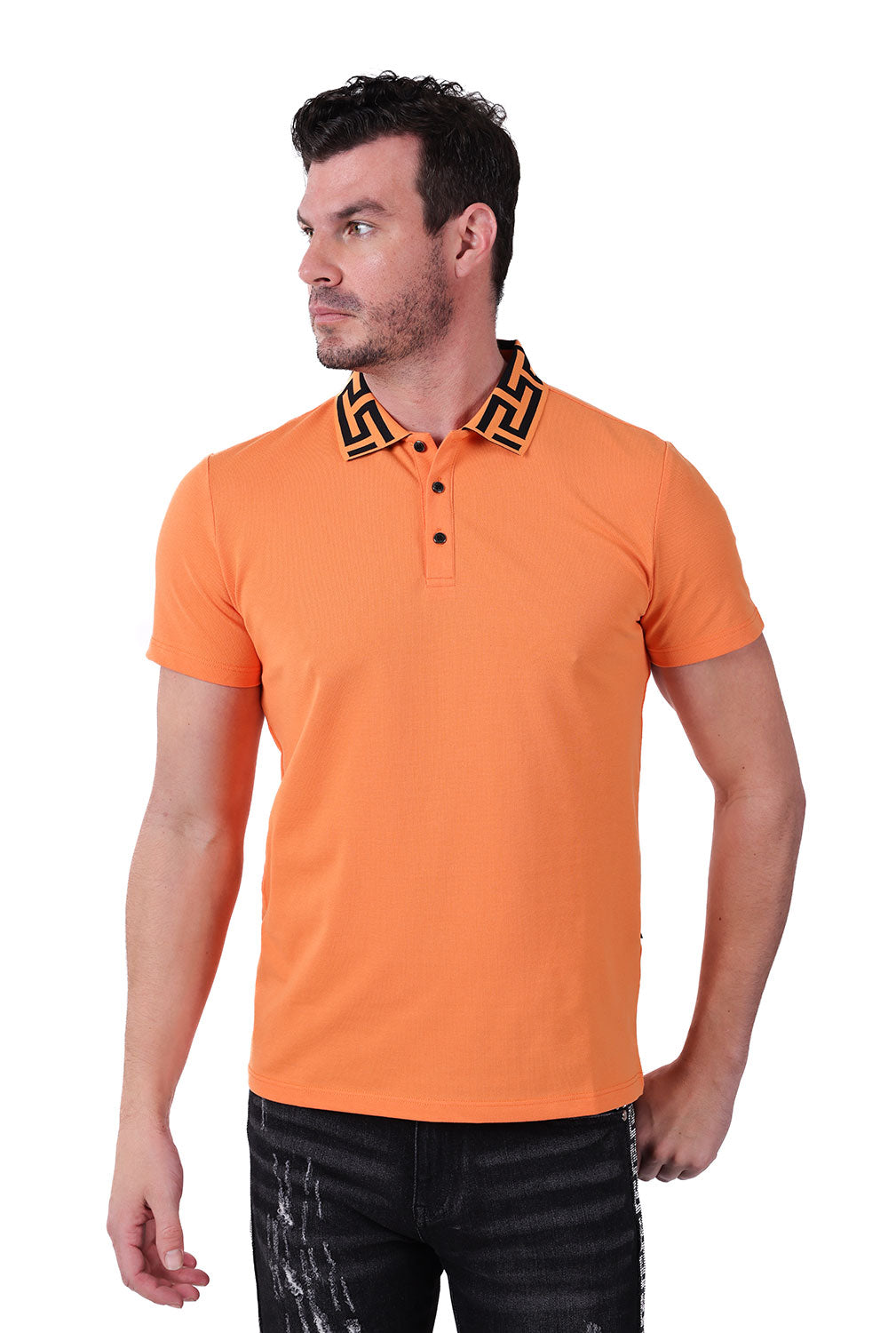 Barabas Men's Greek Key Printed Pattern Designer Polo Shirts PS121 Orange
