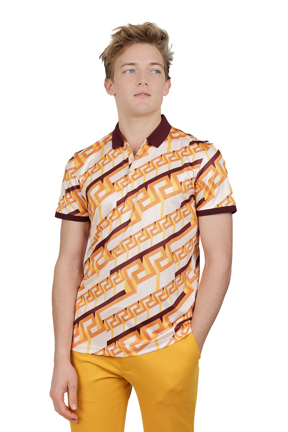 Barabas Men's Greek Key Printed Transparent Short Sleeve Shirt PSP2030 Gold