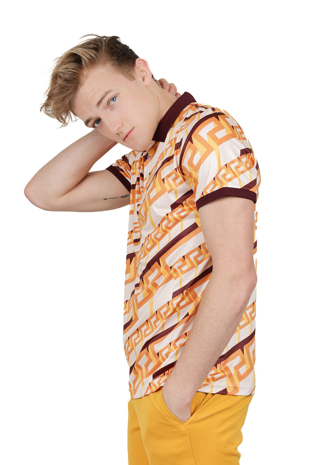 Barabas Men's Greek Key Printed Transparent Short Sleeve Shirt PSP2030 Gold