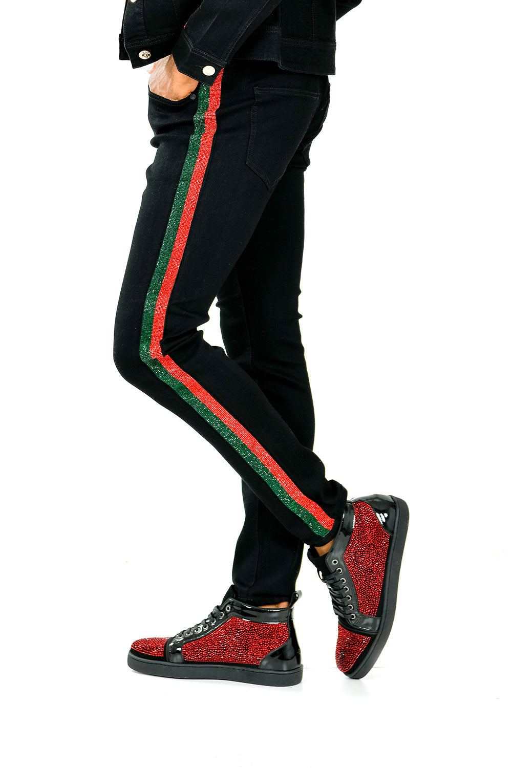 BARABAS Men's Red and Green Rhinestone Jeans SN8857
