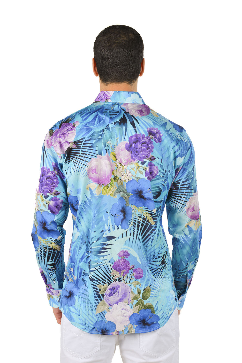 Barabas Men's Floral Print Design Luxury Button Down Shirt SP14 Blue