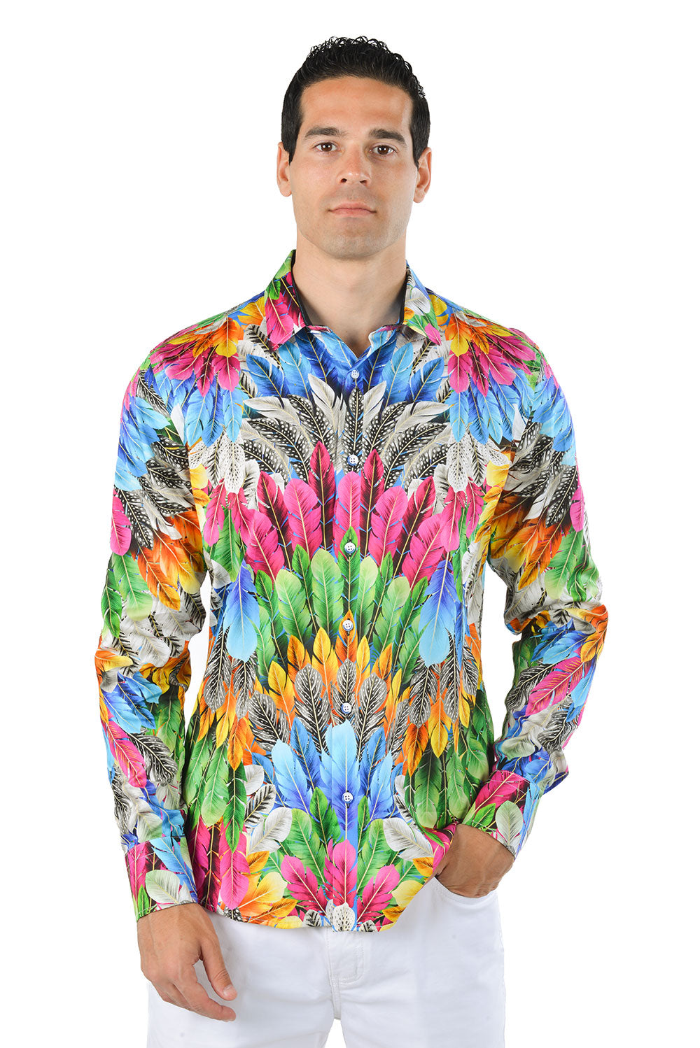 Barabas Men's Feather Printed Design Luxury Long Sleeves Shirts SP15
