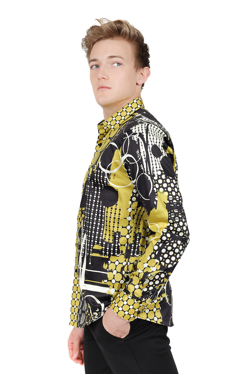 Barabas Men's Oval Geo Prints Design Luxury Button Down Shirt SP17 Gold