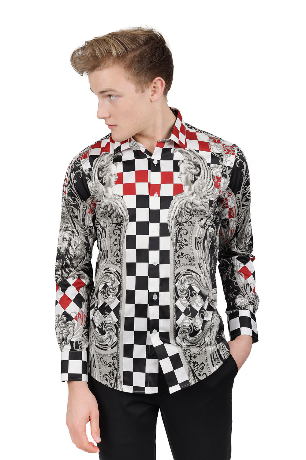 BARABAS Men's Medusa Checkered Lion Baroque Button Down Shirt SP20 Black Red