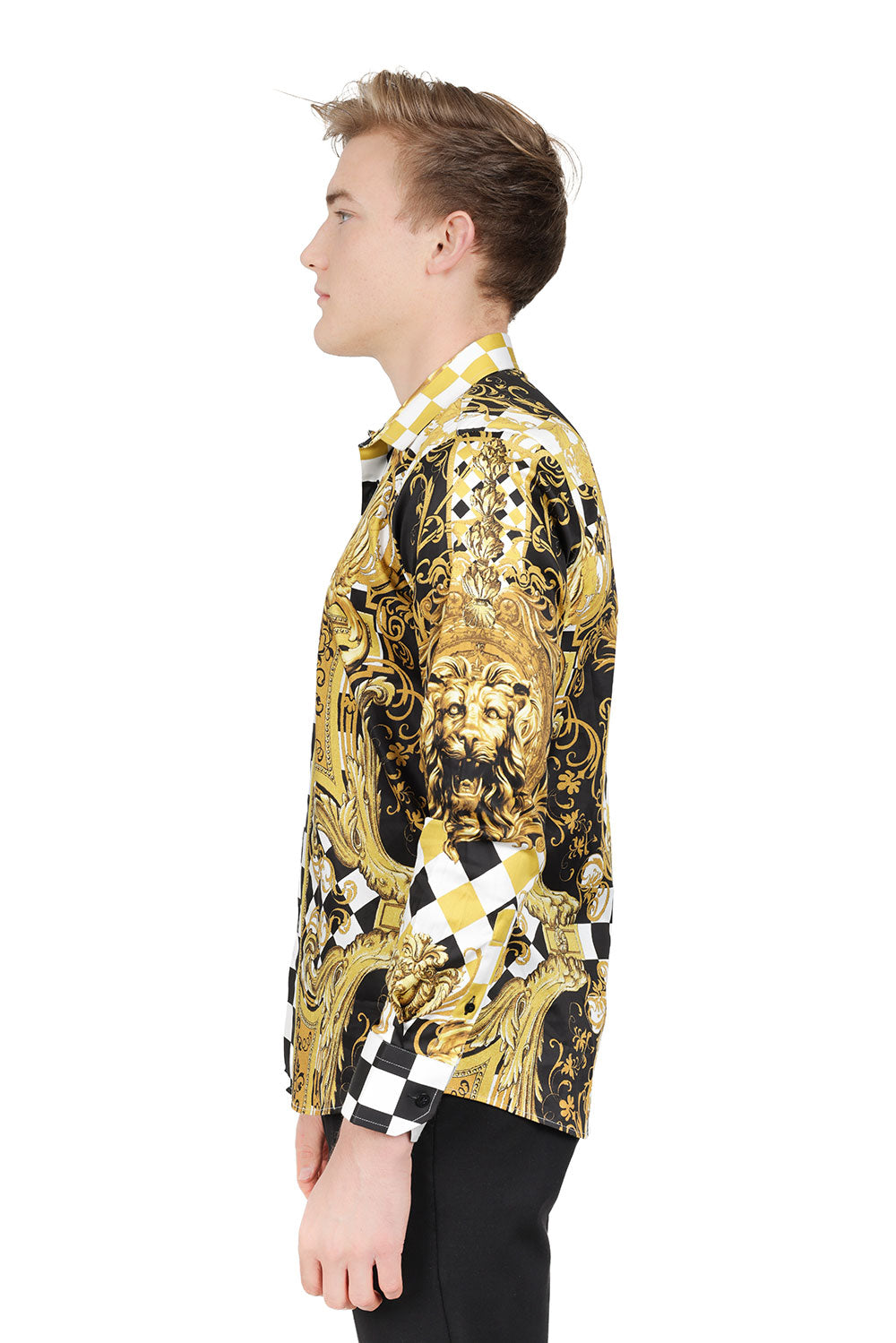 BARABAS Men's Medusa Checkered Lion Baroque Button Down Shirt SP20 Gold