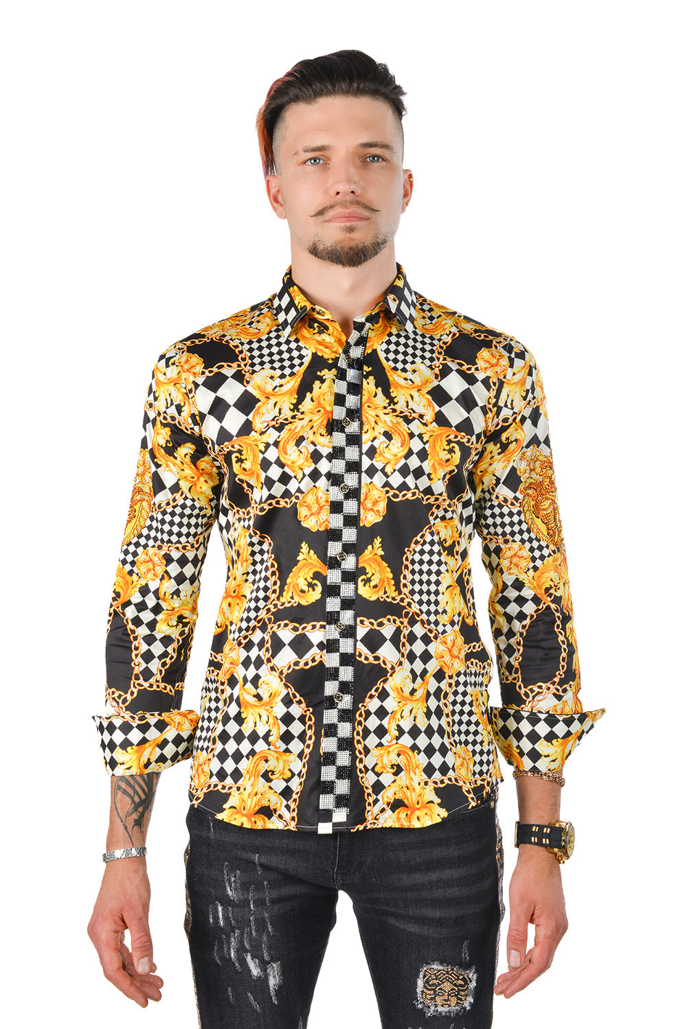 BARABAS Men's Medusa Floral Checkered Baroque Button Down Shirt SPR02 Black