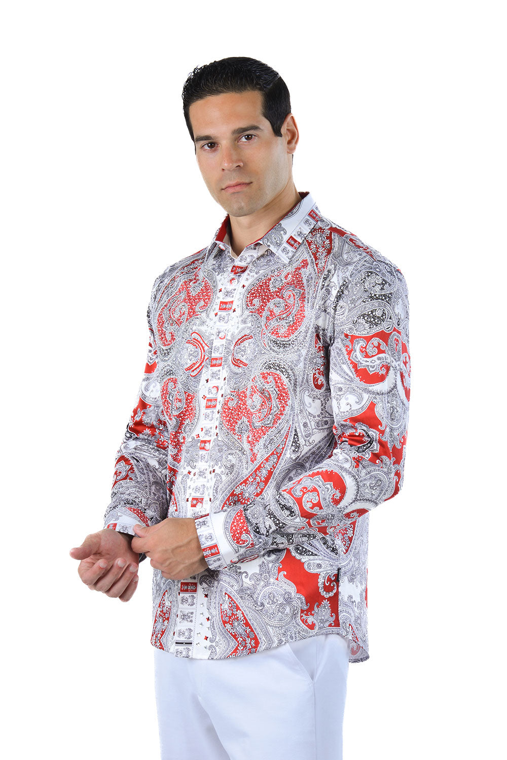 Barabas Men's Paisley rhinestone Printed Button Down Dress Shirt SPR10 RED