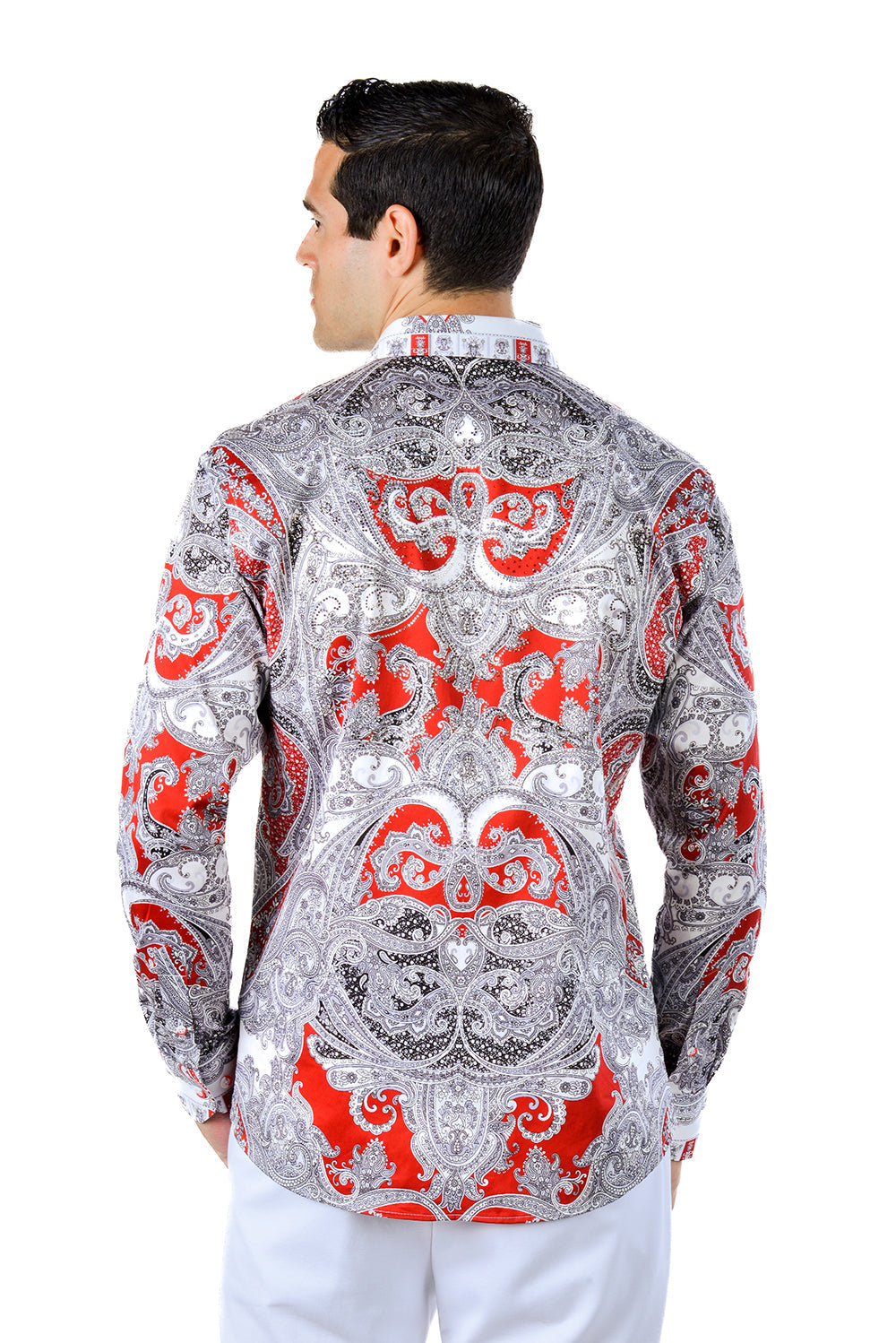 Barabas Men's Paisley rhinestone Printed Button Down Dress Shirt SPR10 Red