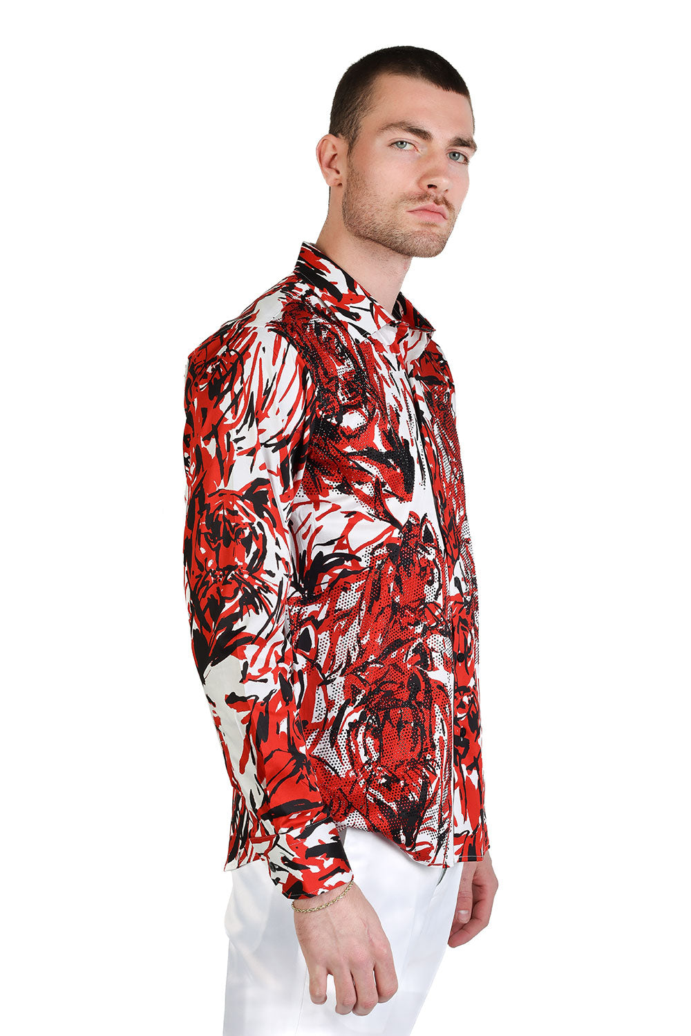 Barabas Men's Tiger Printed Rhinestone Luxury Button Down Shirt SPR18 red