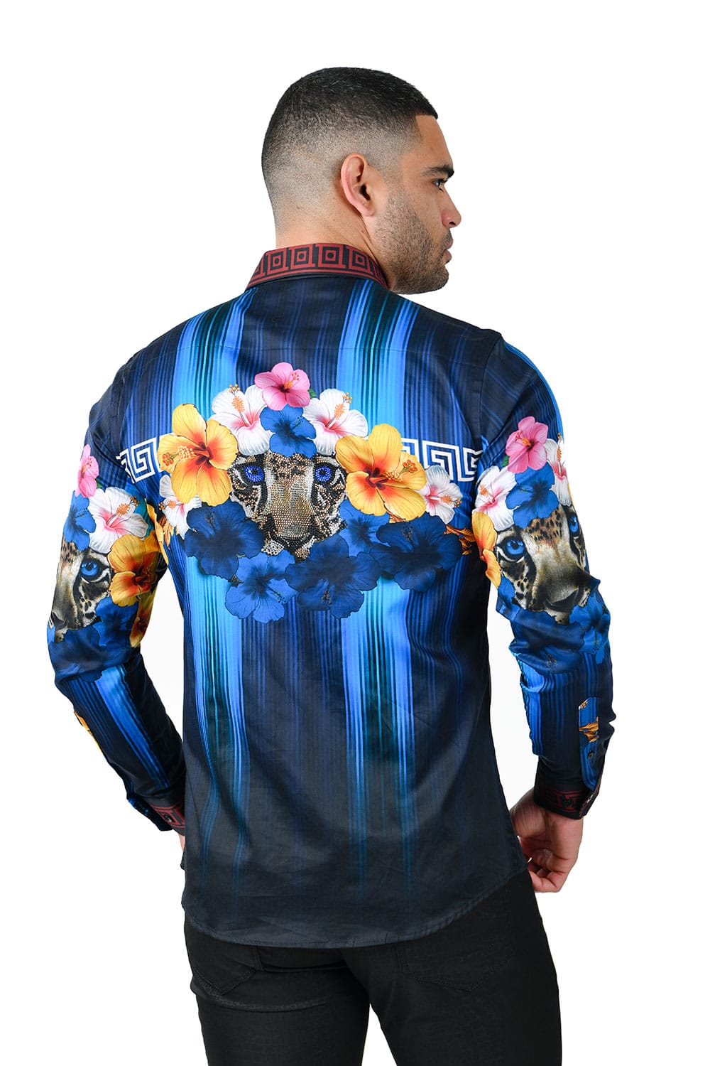 BARABAS Men's Rhinestone Floral Tiger Greek Pattern shirts SPR612 #Color_Navy