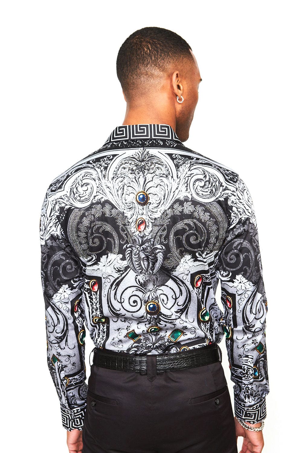 BARABAS Men's Black Snake Greek Pattern Rhinestone dress Shirts SPR962
