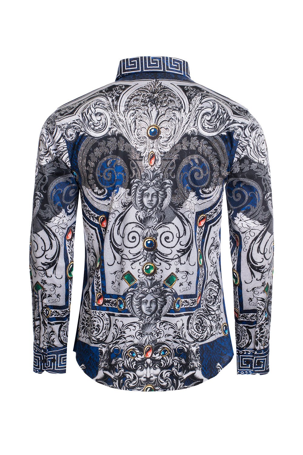 BARABAS Men's Blue Snake Printed Rhinestone Long Sleeve Shirts SPR962