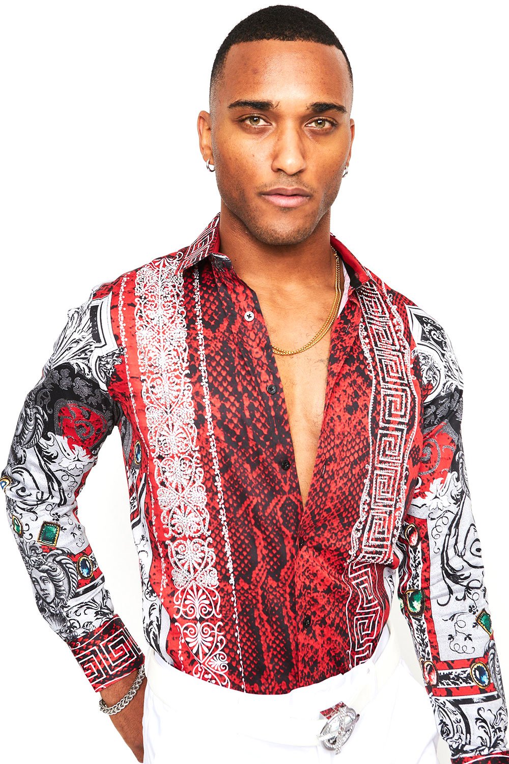 BARABAS Men's Red Snake Skin Printed Rhinestone dress Shirts SPR962
