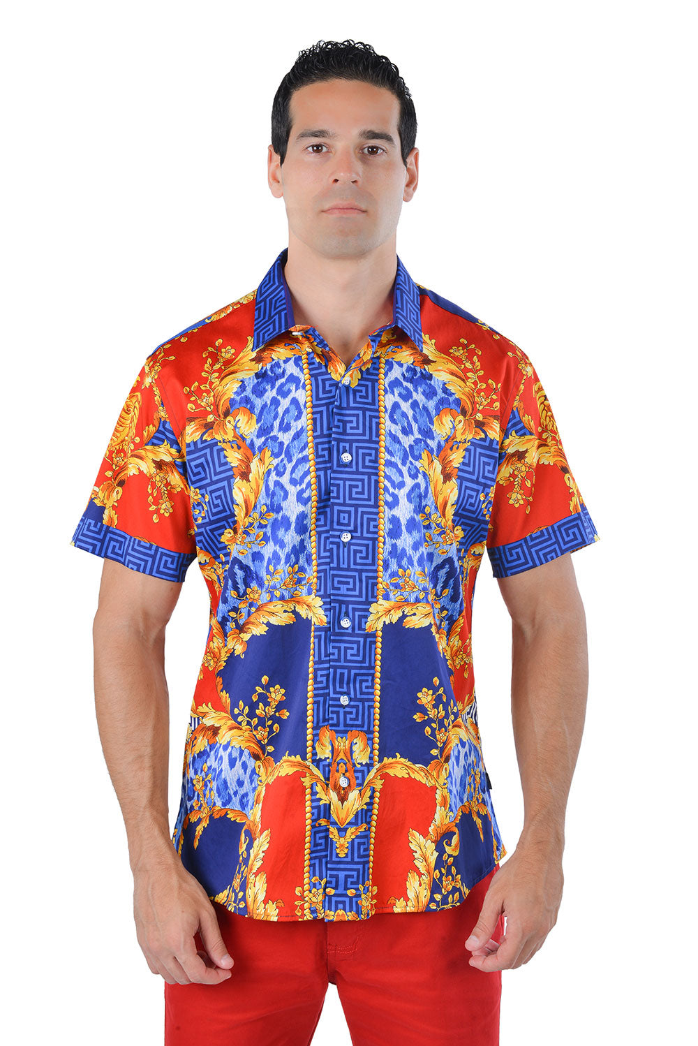 BARABAS Men's greek key and animal print graphic short sleeve shirt SS01 blue