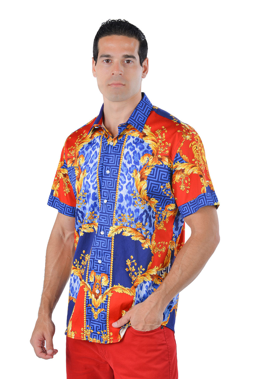 BARABAS Men's greek key and animal print graphic short sleeve shirt SS01 dark blue